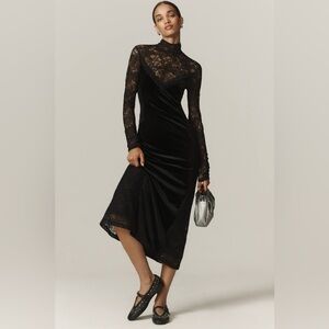 By Anthropologie Long-Sleeve Mock-Neck Lace Velvet Slip Midi Dress